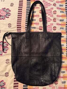Day & Mood Black Pebbled Leather Zany Tote Bag with Exterior Zipper Pockets